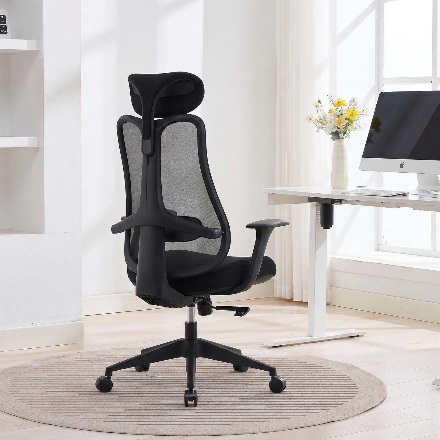 Nouhaus Fluido Ergonomic Office Chair, High Back Mesh Computer Chair w/Height Adjustable Lumbar Support, Backrest & Headrest, Dynamic Back Support, 3D Armrests, Home Office Desk Chairs Comfy (Black)