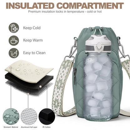 SYTRAH Water Bottle Bag Crossbody，Insulated Water Bottle Purse Crossbody Water Bottle Holder with Strap 40 oz, Sling Bag for Walking Hiking, Green