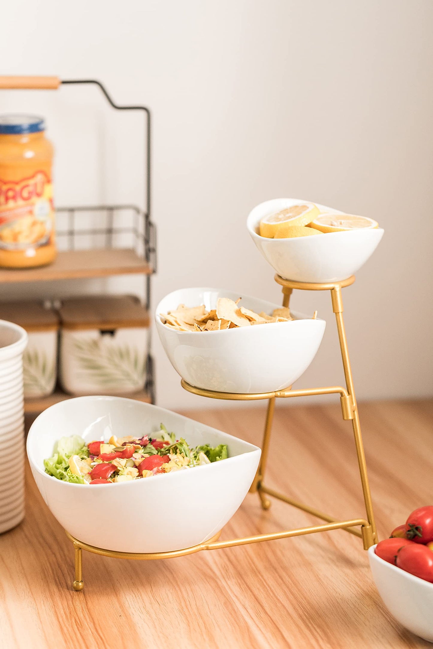 LAUCHUH 3 Tier Serving Stand Serving Dishes for Entertaining Porcelain Oval Bowl Set Tiered Serving Tray for Fruit, Vegetable, Nuts, Salad, Chip Dip Bowl Set for Father's Day, Gold