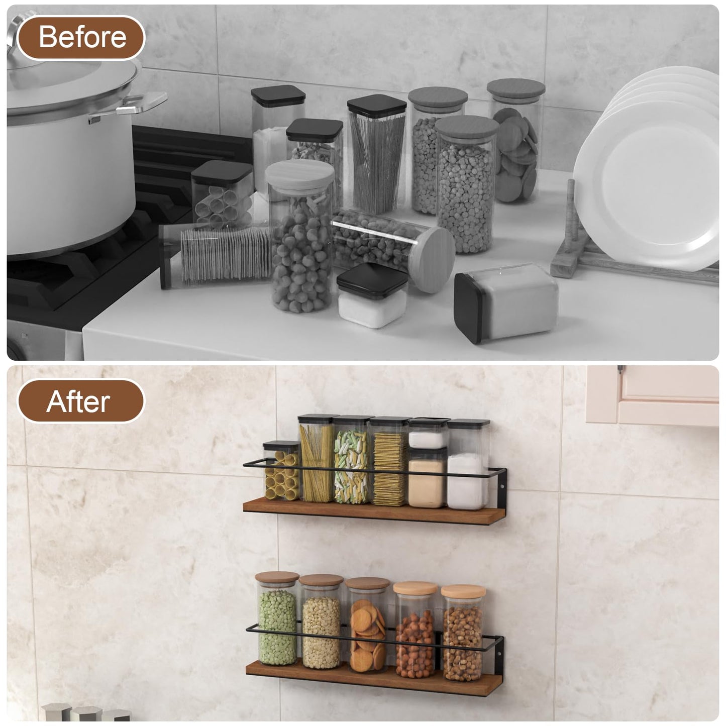 GIGIFTREE Spice Rack Self-Adhesive or drilling, Rustic Style Hanging Spice Rack, Spice Organization for Cabinet Door or Wall Mount, Over The Stove, Kitchen Wall, 2-Pack