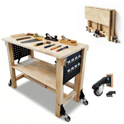 48" Heavy Duty Foldable Workbench with Transformable Wheels and Tool Storage Shelf, Max Load 2500 LBS, Rubber Wood Work Bench for Garage, Woodworking Table with Pegboard