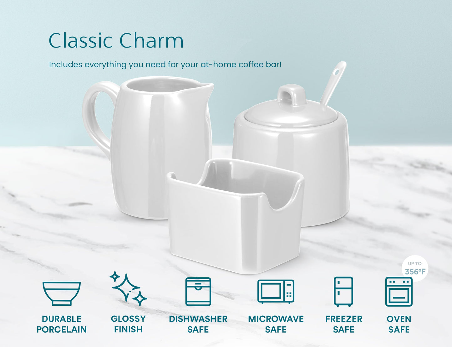 KooK Sugar and Creamer Set, 3 Piece, Pitcher, Sugar Bowl with Lid and Spoon, Sweetener Holder (White)