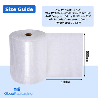 Globe Packaging 500mm x 100m Large Bubble Wrap Roll with Small Air Bubbles - Cushioning & Protection Packaging for Moving House, Ecommerce and Storage