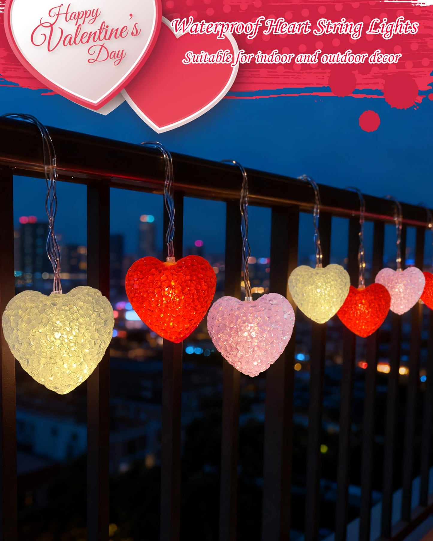 Valentine Lights Indoor 7Ft 10 LED Red White and Pink Heart Shaped String Lights with Timer & 8 Modes, Valentines Heart Light Battery Operated for Home Porch Wedding Christmas Valentine's Day Decor
