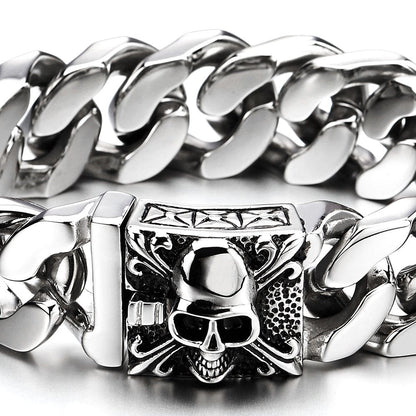 COOLSTEELANDBEYOND Mens Large Stainless Steel Curb Chain Bracelet with Fleur De Lis and Skull, Polished, Biker Gothic