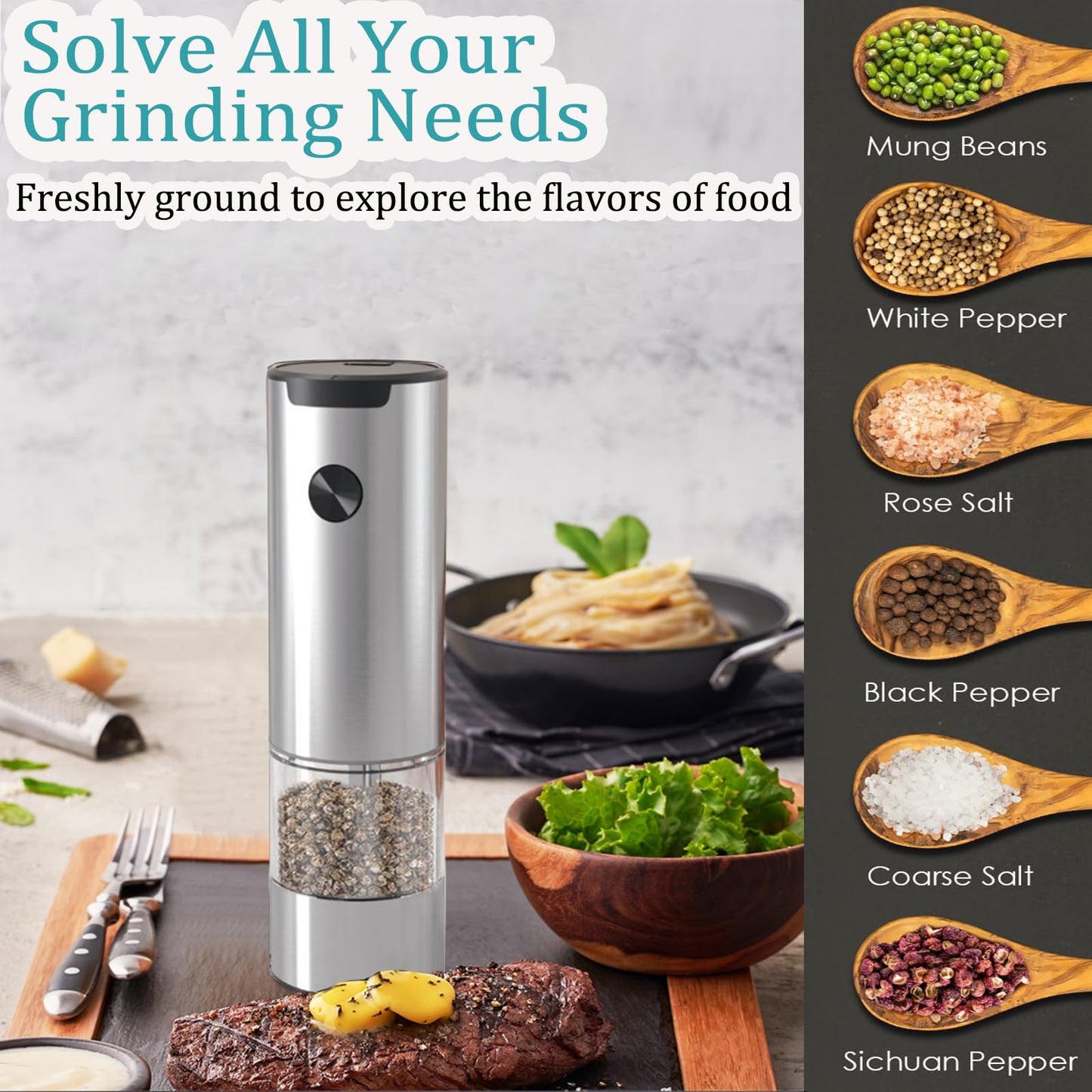 Electric Salt and Pepper Grinder Set, Automatic Salt Pepper Mill Grinder with Adjustable Coarseness, 95ml Large Capacity, LED Light & Easy Refill, Battery Operated Spice Grinders for Kitchen (Sliver)