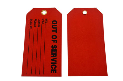Out of Service Tags, Red cardstock Tags with String 5 3/4x3 inch Equipment Repair Signs with 12 in Cotton String Ties PK100