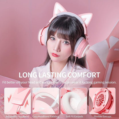 SOMIC GS510 Gaming Headset, Cat Ear Headset PC Gaming Headphones with Retractable Mic Noise Cancelling, Stereo Sound, DIY Face Covers for PC, PS4, PS5,Xbox One(Only White LED Light)-Pink