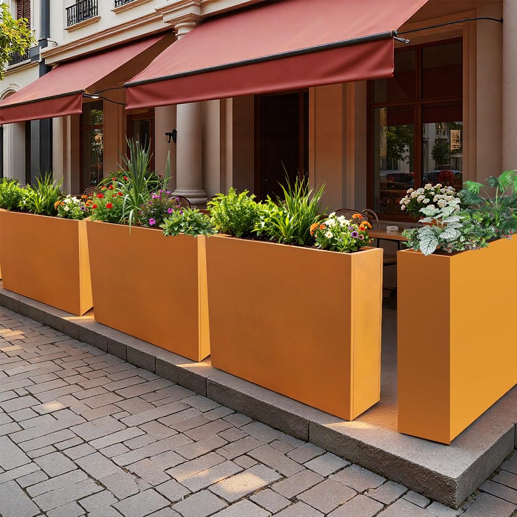 Megawodar Metal Tall Long Planter Box Large Rectangular Planter Flower Pot with Drainage Holes for Indoor Outdoor Deck Porch Garden Home Patio Front Door (Rusty Orange, 36" L x 10" W x 28" H)