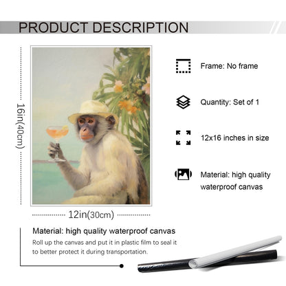 Yuaruo Funky Monkey Cocktail Canvas Wall Art, Retro Bar Cart Room Aesthetic Poster, Cute Funny Animal Painting Print, Cute Monkey on Vacation Dorm Apartment Wall Decor 12x16in Unframed