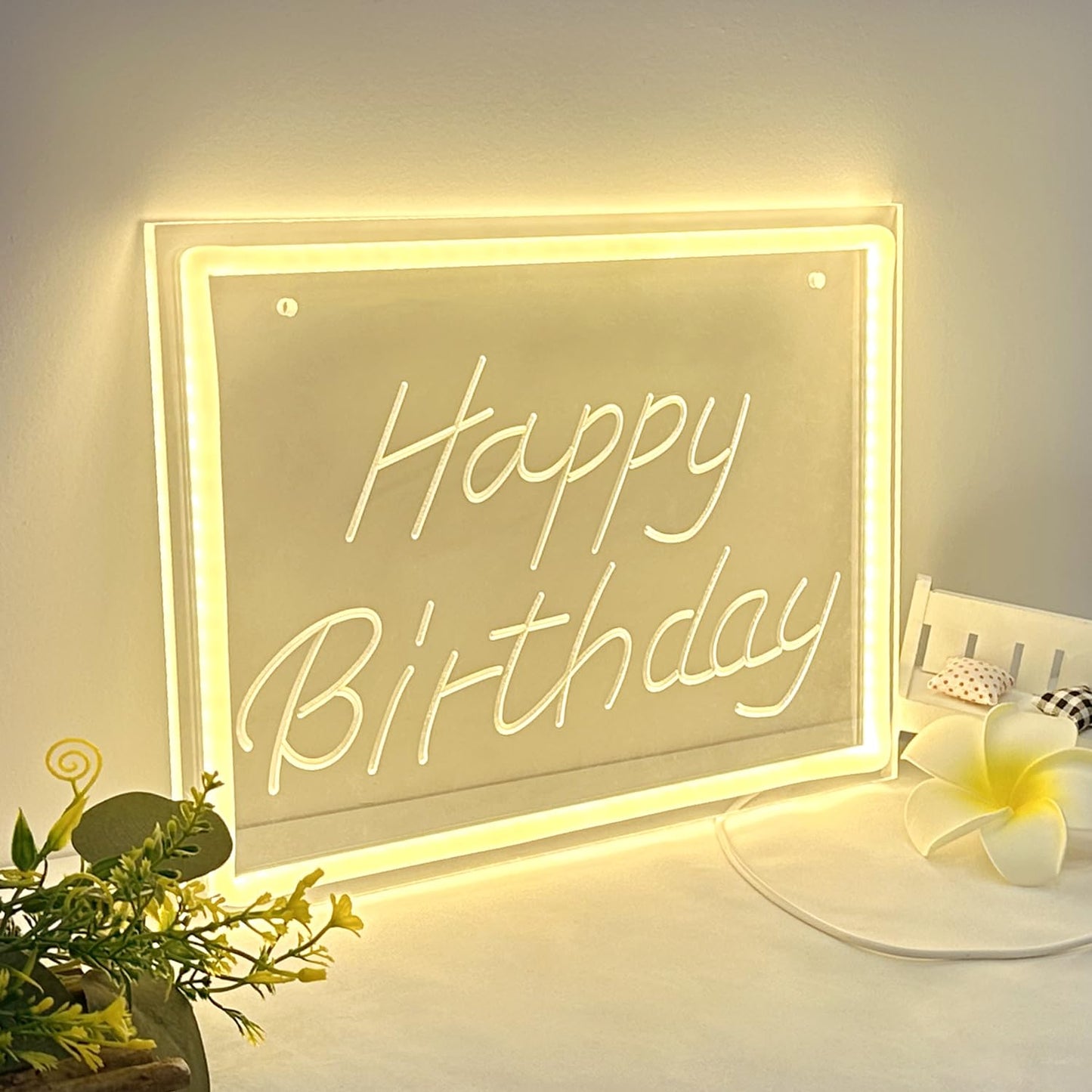 KeyDoors Happy Birthday LED Neon Sign 11.8 x8.3in– Warm White Dimmable Neon Light, USB Powered Wall Decor for Party Backdrop, Bachelorette Party Decor, Ideal Christmas Gift & Birthday Gift