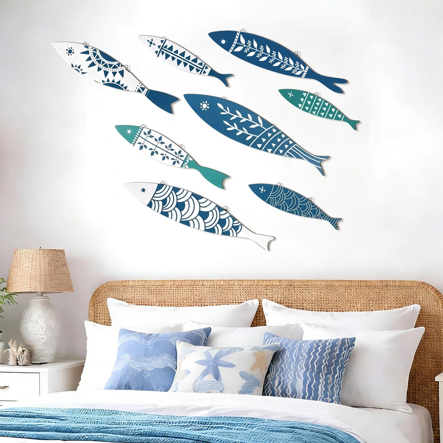 Novabright 8 Pcs Wooden Fish Wall Decor Nautical Oceans Beach Decor Fish Hanging Wall Art Ocean Coastal Rustic Farmhouse Theme for Home Ocean Lake House Bathroom Bedroom