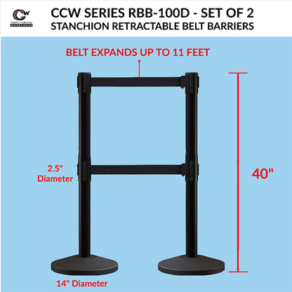 CCW Series RBB-100D - Set of 2 Stanchion Retractable Belt Barriers Dual Belt - Easy to Assemble, No Tools Required (11 Foot Belt, Black Belt with Black Post)