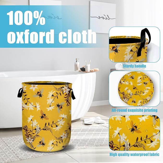 Bee Flower Laundry Basket, Spring Floral Laundry Hamper Collapsible Oxford Cloth