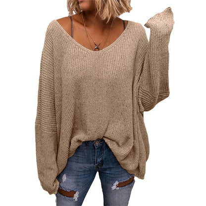 BZB Women's V Neck Long Sleeve Knit Loose Oversized Pullover Sweater Top