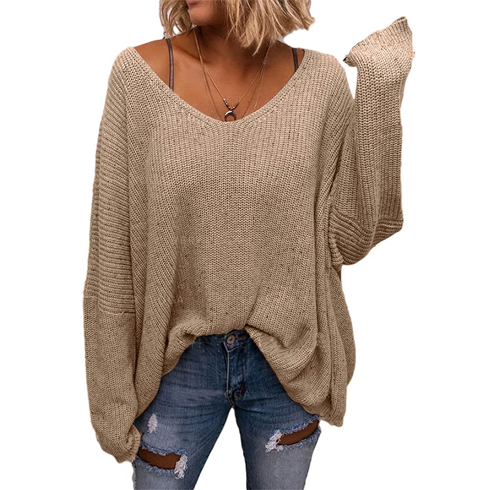 BZB Women's V Neck Long Sleeve Knit Loose Oversized Pullover Sweater Top