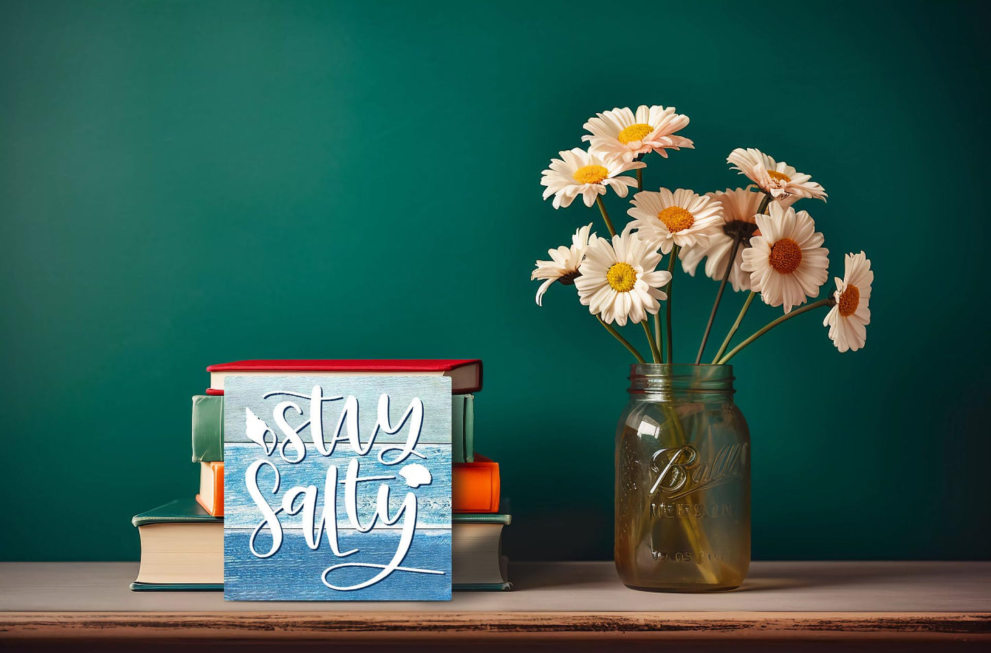 Summer Beach Decorations for Home, Starfish Theme House Room Bedroom Bathroom Decor Classroom, Wood Box Sign 5 X 5 Inch (Stay Salty Sign)