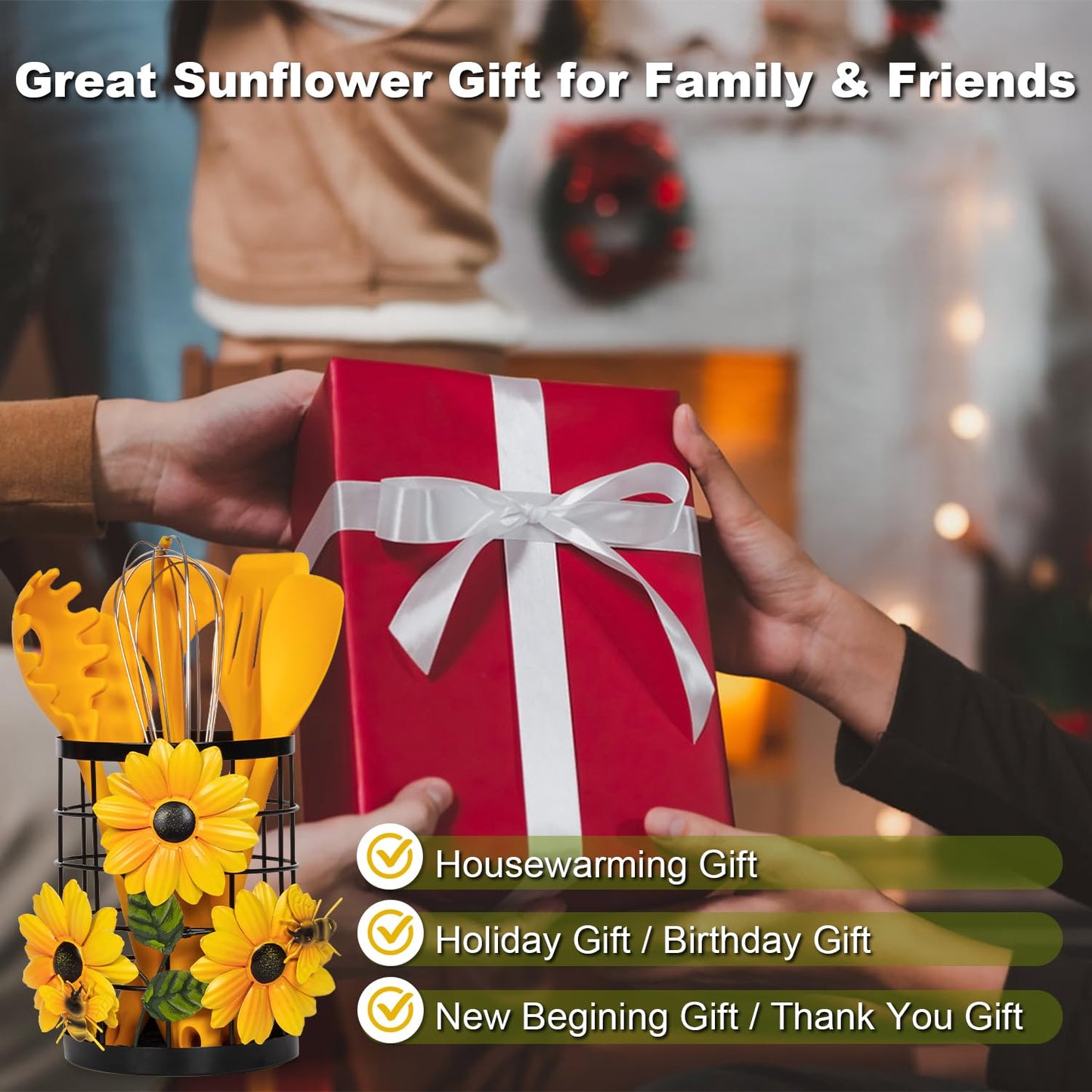 Sunflower Utensil Caddy with Silicone Cooking Utensils Set 6PCS, Canister Holder Sunflower Kitchen Decor and Accessories Theme Set Counter Yellow Kitchen Decor Country Crock Organizer Gifts for Women