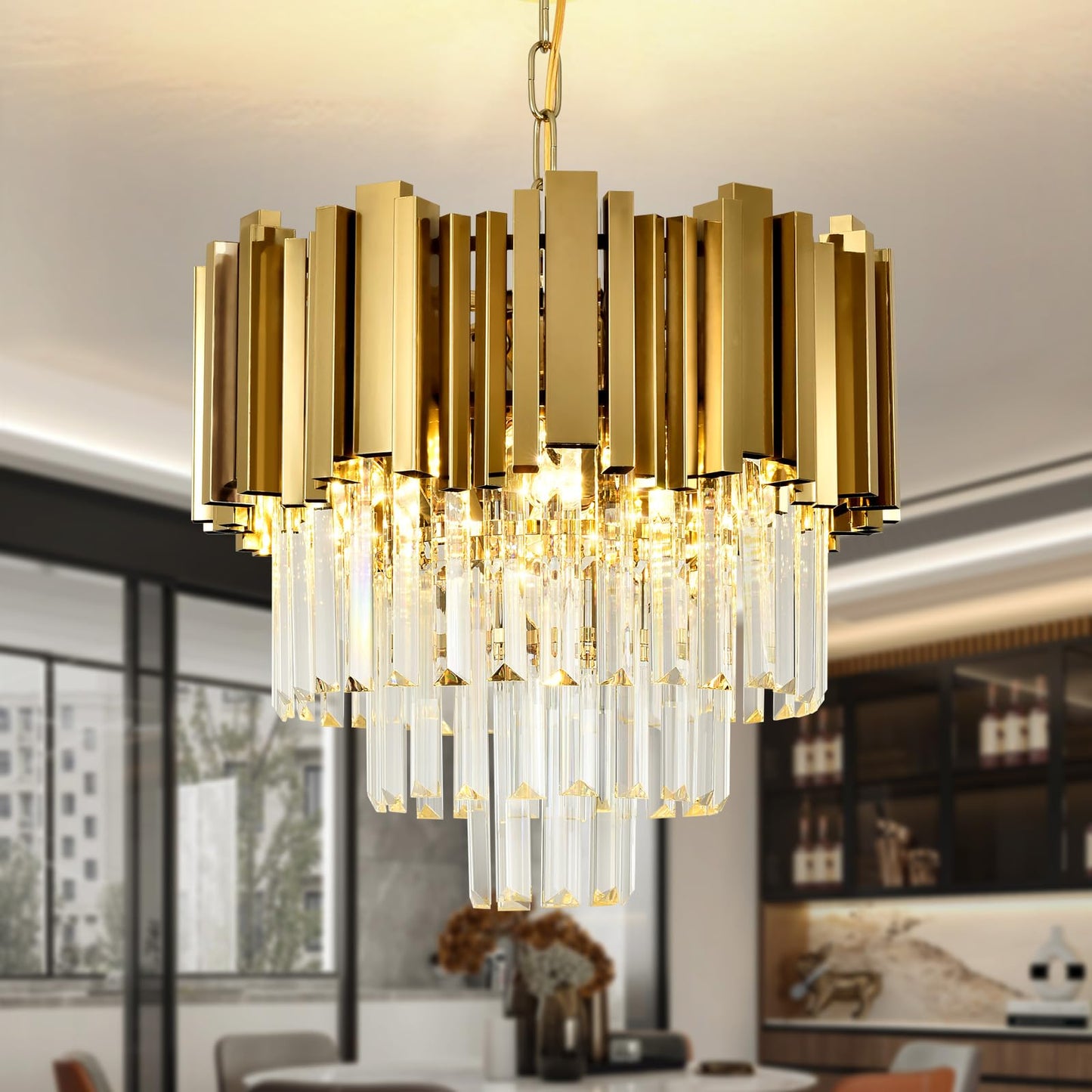 AOOCHOK Modern Crystal Chandelier Gold Pendant Light Fixtures, Small Crystal Pendant Lighting for Entryway, Corridor, Balcony, Porch, Restaurant, Door Opening, E26 x 3, Φ16inch