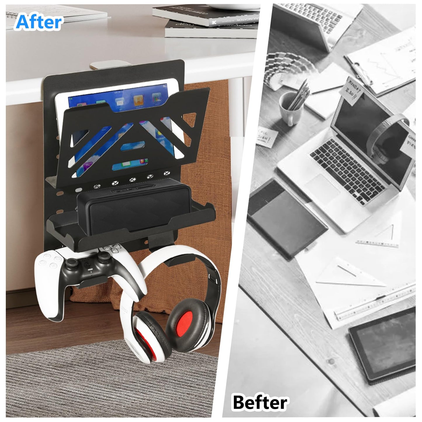 MAXECHO Desk Side Storage, Under Desk Laptop Mount, Table Side Hanging File Organizer, No Drill Clamp On Cable Management Tray, Laptop Holder with Magnetic Pen Holder for Office and Home, Load 22 Lbs