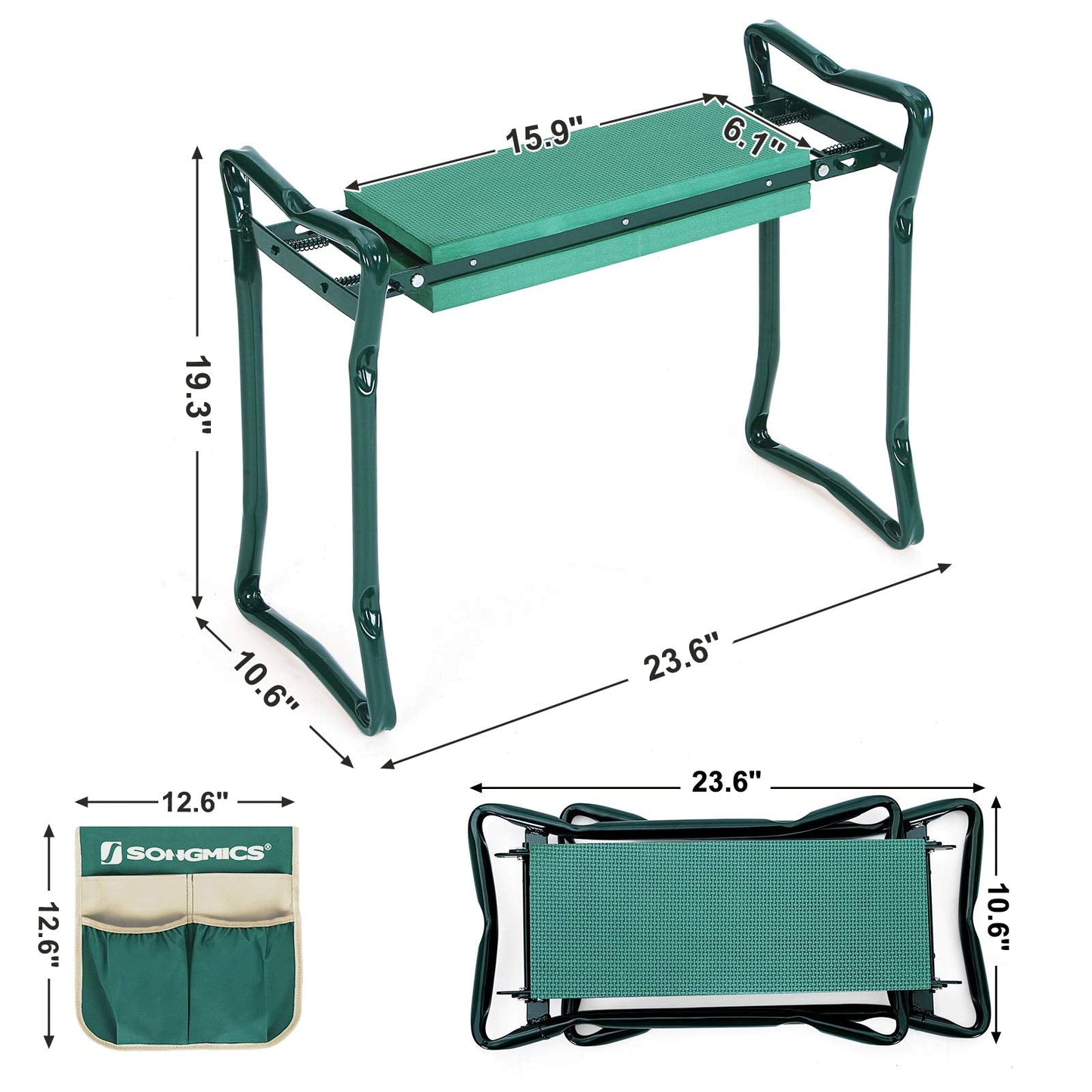 SONGMICS Garden Kneeler and Seat, Multifunctional Garden Kneeling Bench, Gardening Gifts for Women Men, Folding Gardening Stool, with 1 Tool Bag, 6-Inch Wide Kneeling Pad, Dark Green UGGK49L