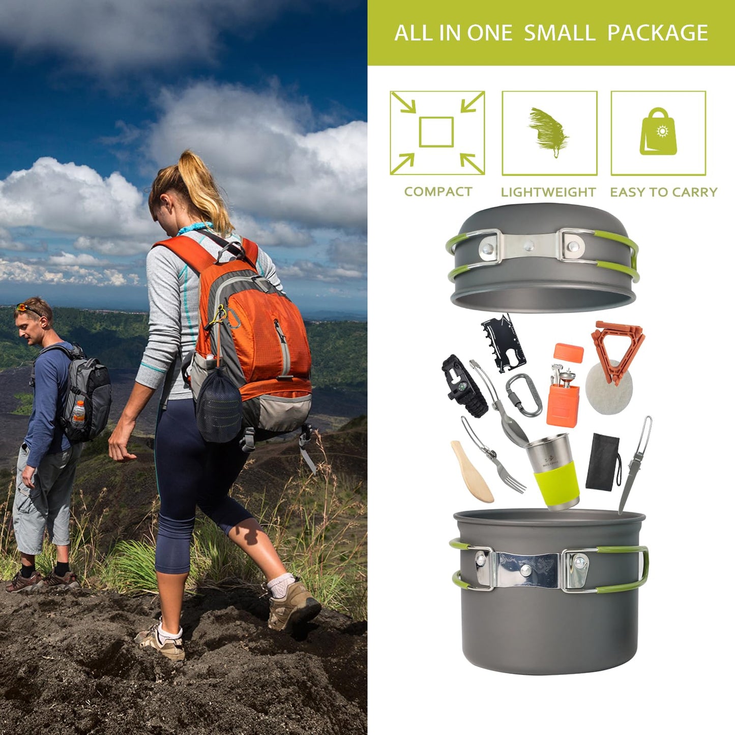 WAILAMHK Camping Cookware Mess Kit, 16 pcs Backpacking Cooking Set, Lightweight Camping Pots and Stove Set for 1-2 Person, Outdoor Cooking Gear Ideal for Camping, Hiking, Backpacking and Picnic