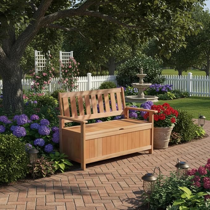 Tangkula 48 Inch Outdoor Wood Storage Bench Deck Box, Wooden Storage Loveseat with 34.2 Gal Inner Space, Entryway Bench Deck Box with Slatted Backrest, Storage Seat for Garden, Lawn, Balcony & Porch
