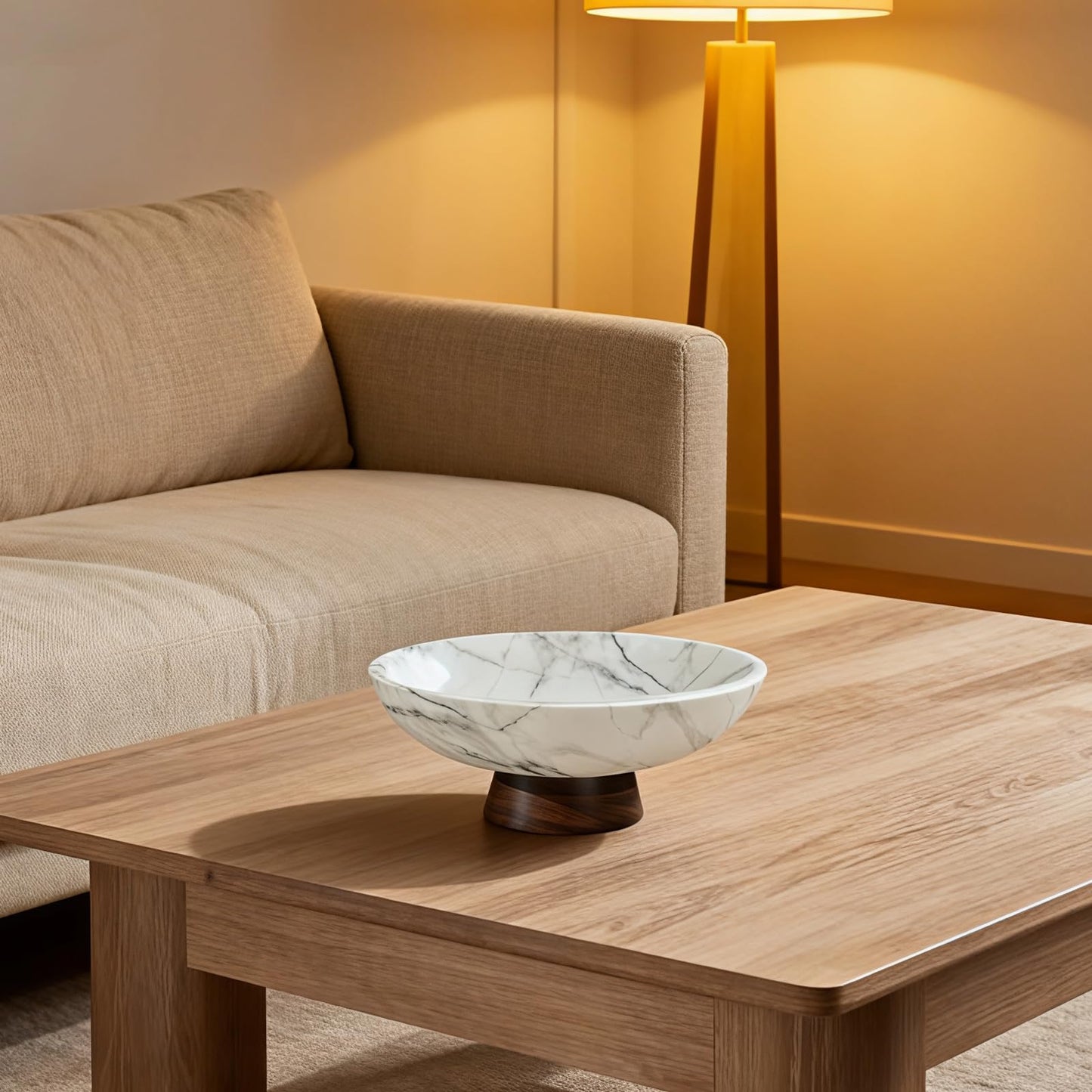 LFLKPY White Marble Texture Decorative Bowl with Acacia Wood Base – 11" Modern Pedestal Fruit Bowl for Table Centerpiece, Entryway or Kitchen Décor