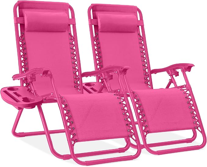 Best Choice Products Set of 2 Adjustable Steel Mesh Zero Gravity Lounge Chair Recliners w/Pillows and Cup Holder Trays - Hot Pink