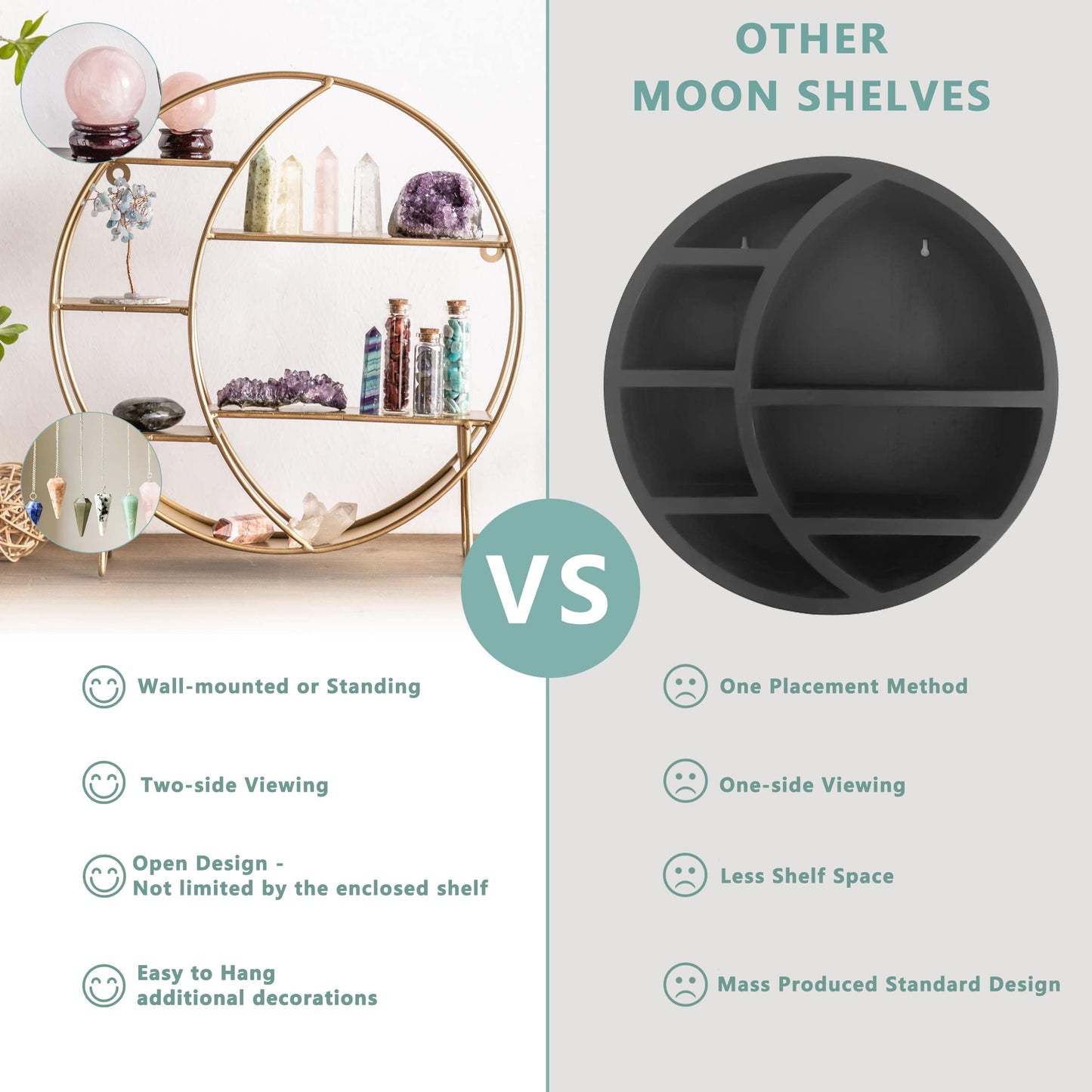 Apresolar 14'' Matte Gold Moon Shelf for Crystals - 7-Tier Open Design, Wall & Countertop Display, Modern Style, Holds Crystals, Essential Oils, Nail Polish