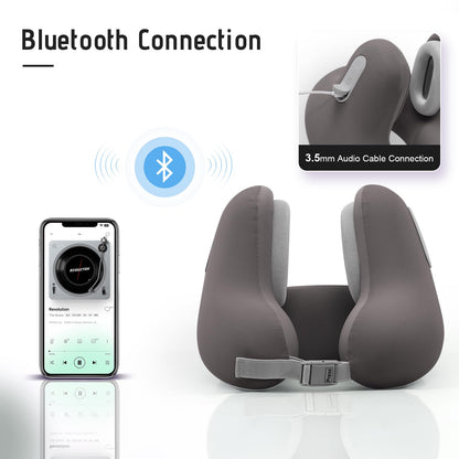 Travel Neck Pillow with Bluetooth Headset, Memory Foam Airplane Pillow for Head Support, Ergonomic Design Traveling Music Pillow for Home, Flight, Car with Adjustable Buckle and Drawstring Bag(Grey)