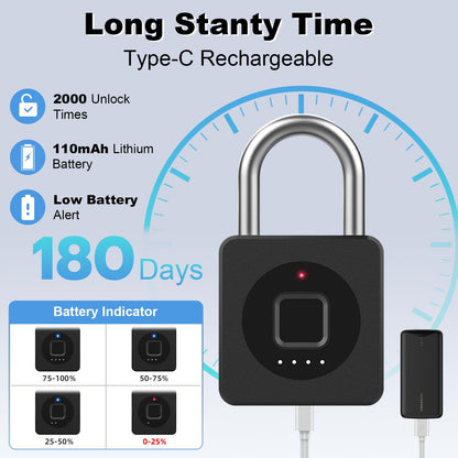 Gym Locker Padlock eLinkSmart Fingerprint Mobile APP Unlock Remote Management Outdoor Waterproof Keyless Biometric Padlock for Gym Luggage Bags Locker Storage Tool Box Gun Case Footlocker Black
