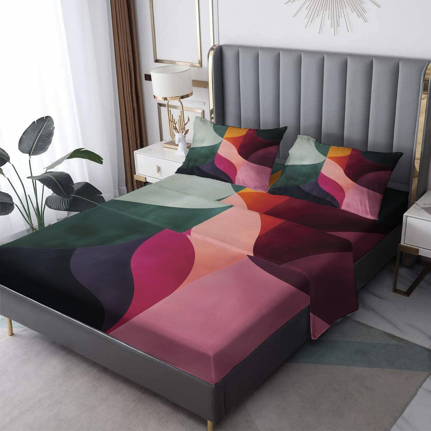 NOGAWA Abstract Sheets Full, Colorful Modern Bed Sheets, Deep Pocket & Soft Microfiber Bedding Sheets & Pillowcases 4 Piece - Fitted Sheet & Flat Sheet & 2 Pillow Cases