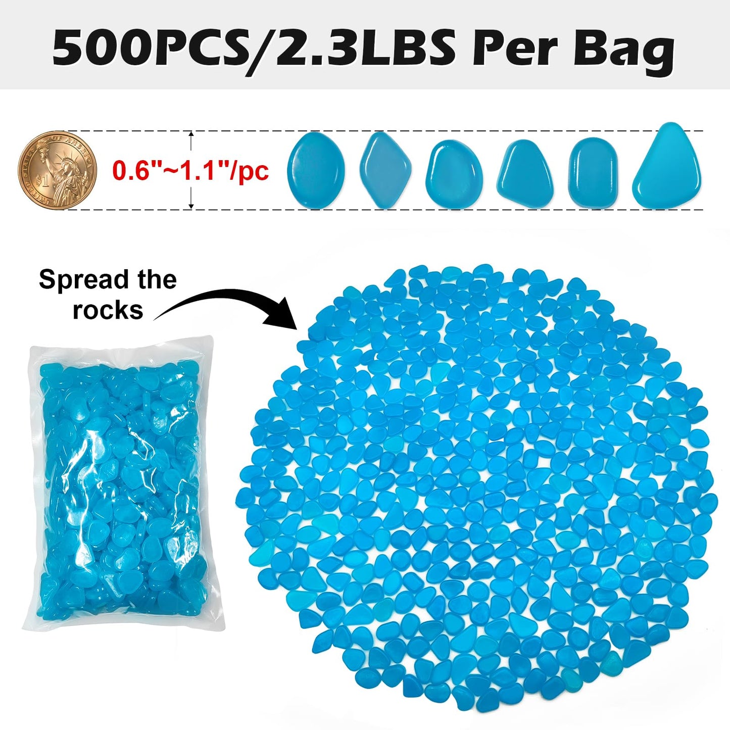 NAMTSO Glow in The Dark Rocks Outdoor, 500 pcs Blue Solar Rocks for Landscaping, Outdoor Decor Glow in The Dark Stones, Glowing Pebbles for Garden Backyard Patio Lawn Pond Fish Tank Aquarium Decor