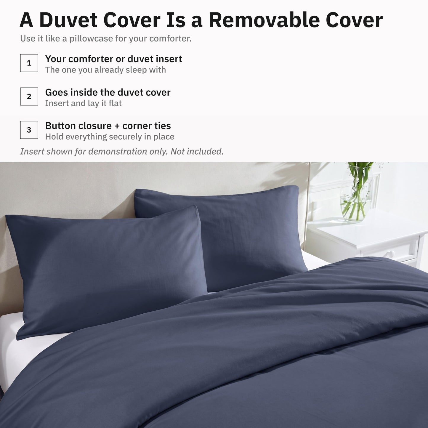 California Design Den 3 Pc King Duvet Cover Set - Winner Good Housekeeping Best Bedding Awards 2025, 400 Thread Count Sateen, 100% Cotton Duvet Cover, Button Closure, Corner Ties - Indigo Dusty Blue