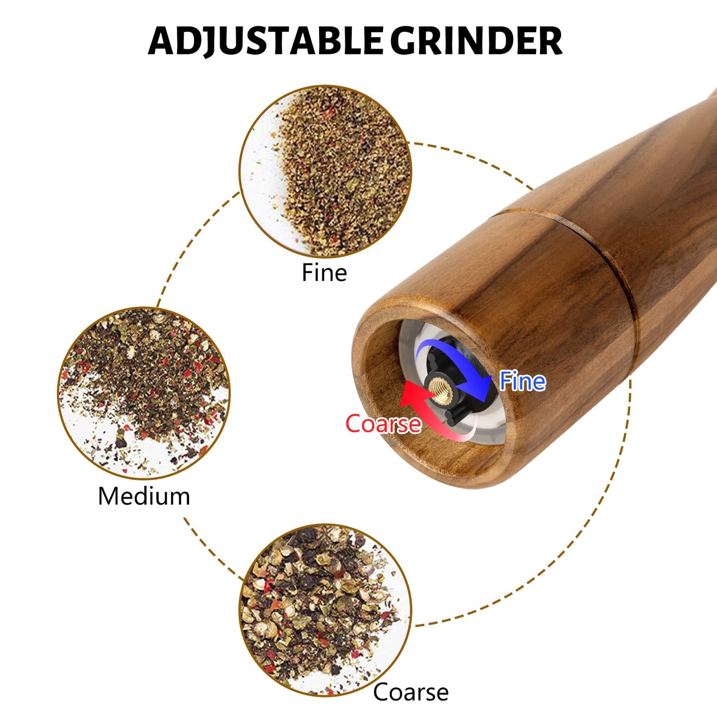 Pepper Grinder, VanlonPro Wooden Pepper Mill Salt Mill, 8 inch tall, Adjustable Coarseness Peppermill and easily refillable, Ceramic Grinding Mechanism