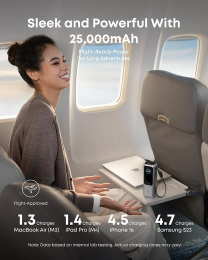 Anker Laptop Power Bank, 25,000mAh Portable Charger with Triple 100W USB-C Ports, Built-in and Retractable Cables, for iPhone 16/15 Series, MacBook, Samsung, and More (Flight-Approved)