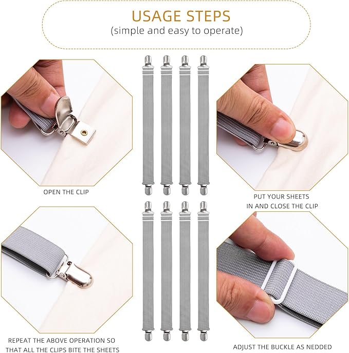 8Pcs Adjustable Bed Sheet Straps Clips, Elastic Mattress Sheet Fasteners Holder