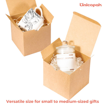 UnicoPak 30 Pack 4x4x4 Small Brown Gift Boxes with Lids & Twine - Premium USA Kraft Cardboard - Pop-Up Easy Assembly Gift Boxes for Presents, Candles, Mugs, Ornaments, Favors