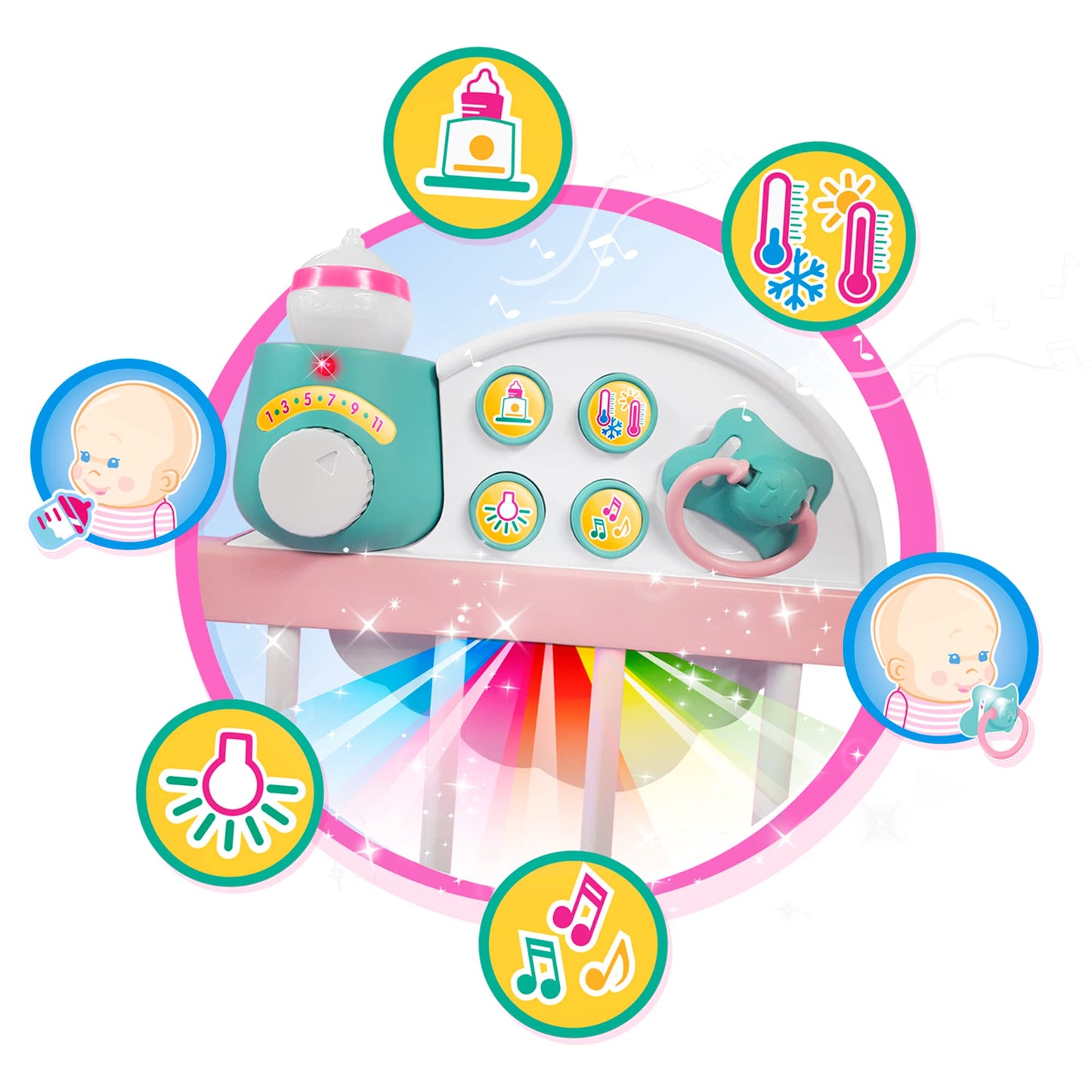 Nenuco - Good sleep cradle, interactive cot with lights and sounds, with a soft body doll for the youngest children and accessories such as bottle and soother, Famosa (700017203)