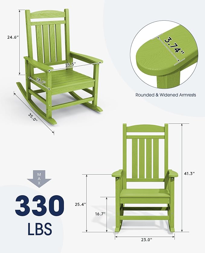 KINGYES HDPE Rocking Chairs Outdoor, Patio Rocking Chairs with 330lbs Support, Smooth Porch Rocker for Deck Lawn Yard, Pistachio Green