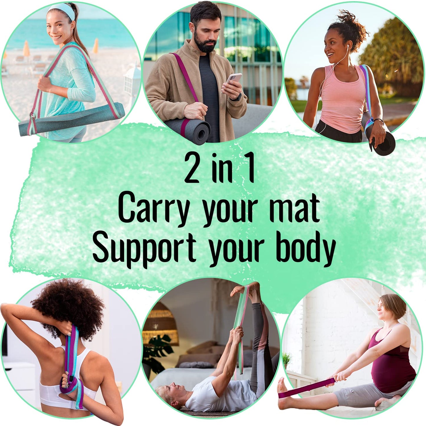 TECEUM Yoga Mat Strap – Black & 30+ Colors – Adjustable Mat Holder Sling Career for All Mats [Mat Not Included]