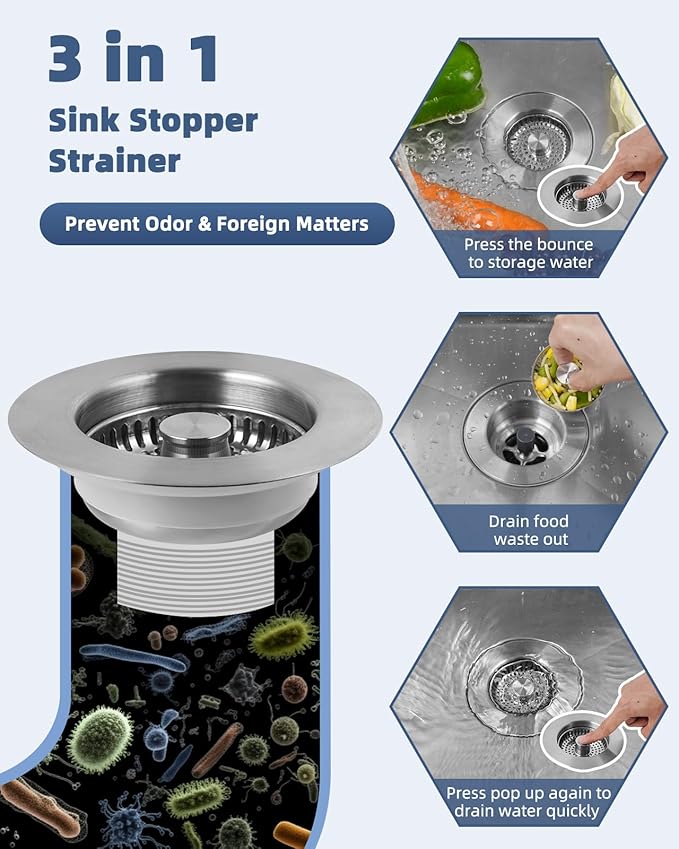 Hygie Rinse 3-in-1 Kitchen Sink Strainer Stopper Combo All Metal Stainless Pop