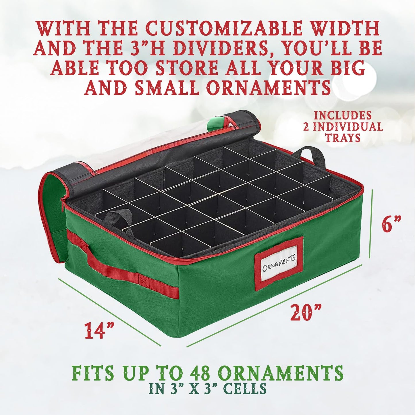 HOLDN’ STORAGE Christmas Ornament Storage Box with Dividers - Fits 48-3” Ornaments, 2 Removable Trays, Durable & Space-Saving, Clear Top Lid, Fits Underbed, Green