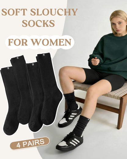 Sorfneo Athletic Slouchy Socks for Women, 4 Pairs Scrunch Cotton Comfy Boot Crew Socks, Size 5-10