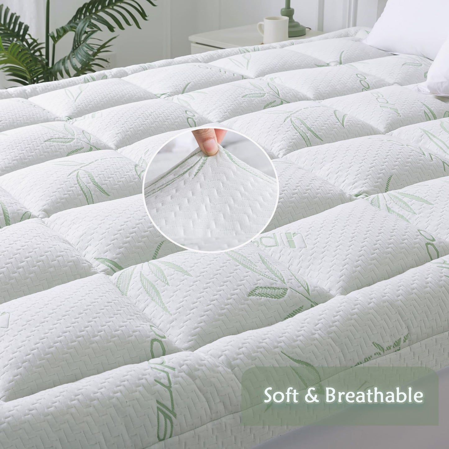 WhatsBedding Full Mattress Topper, Soft Pillow Top Mattress Topper with Deep Pocket Fits 8–21 Inch,7D Spiral Fiber Filling, Bamboo Viscose Air Layer Mattress Topper Full.