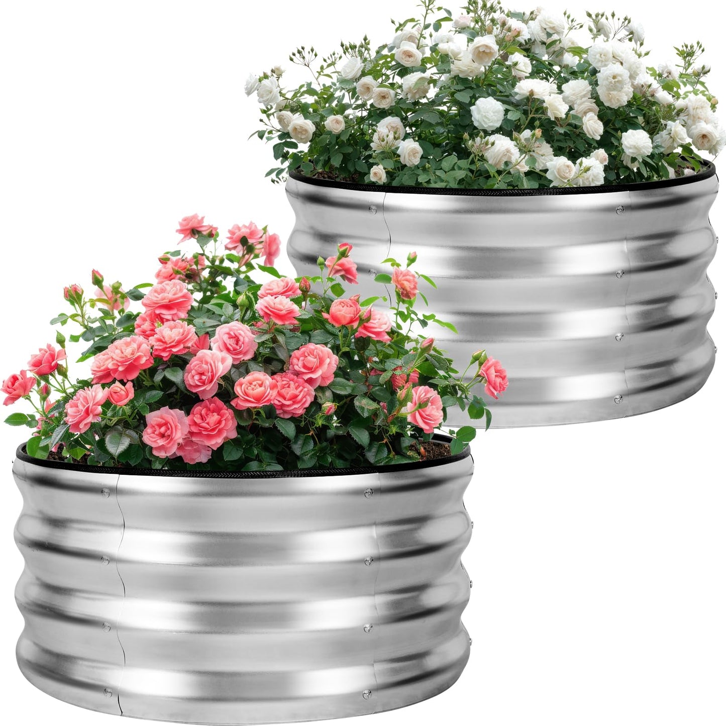 Permade Galvanized Raised Garden Bed- 2Pcs Metal Planter Boxes Outdoor | 12" Tall 24" Round Steel Raised Bed Kit & Fire Pit Ring for Gardening with Protective Tape for Vegetables, Flower (Sliver)