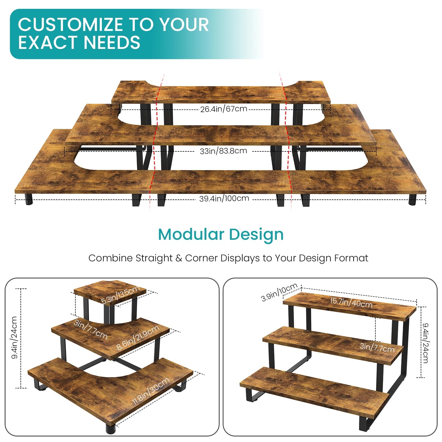 ELITEROO 3 Tier Wooden Retail Display Shelves, Portable Display Rack for Retail Counter Top Craft Shows Tradeshows, 3 Step Corner Tiered Table Display Tower Stand for Cupcake Jewelry Display
