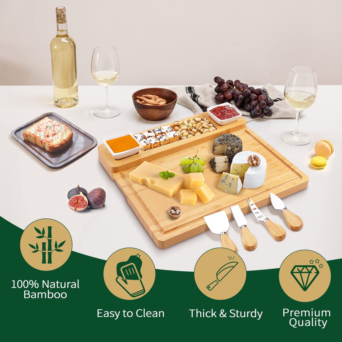 Charcuterie Boards and Knife Set - Bamboo Cheese Board - Wine Meat Cheese Tray Platter - Unique Housewarming Gifts, Anniversary Wedding Gifts for Couple, Bridal Shower Gift