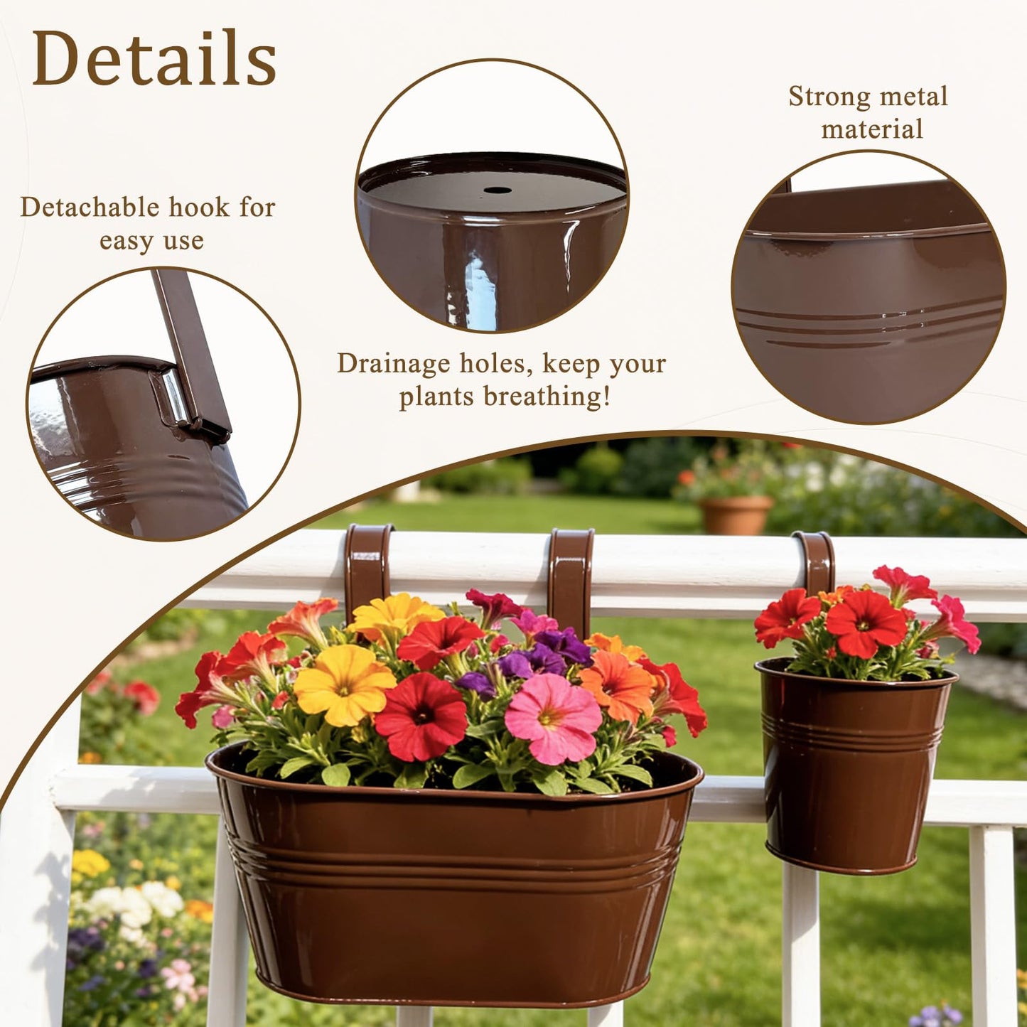 Joyfernal Pack of 4 Metal Hanging Planters for Outdoor Plants, 2 Pcs 4" Round Railing Planter & 2 Pcs 10" Oval Fence Flower Pots for Balcony Garden Decor, Chocolate